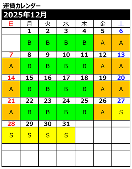 運賃カレンダー12月